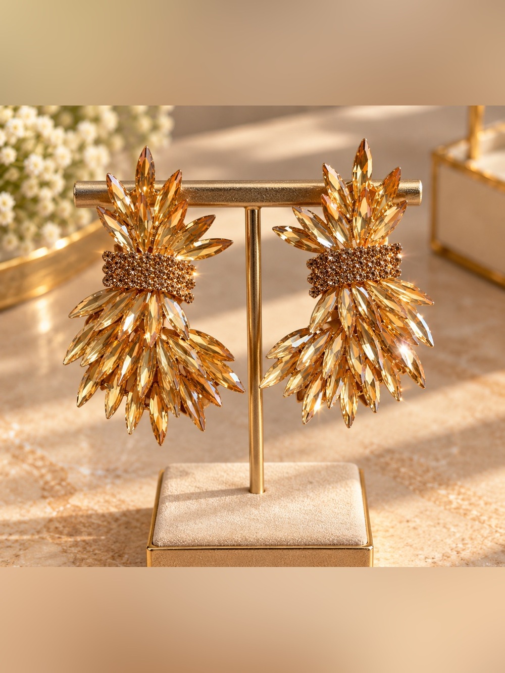 Golden Crystal Fan Drop Earrings